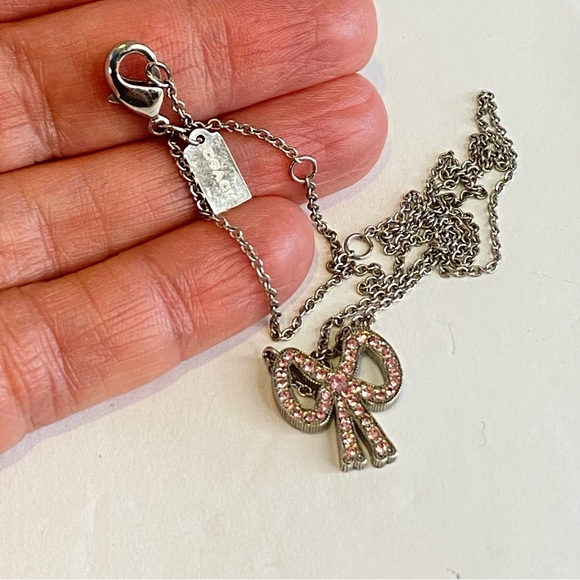 Coach Pink Bow Necklace Swarovski Crystal Silver Tone 16" Adjustable Signed - Picture 9 of 9